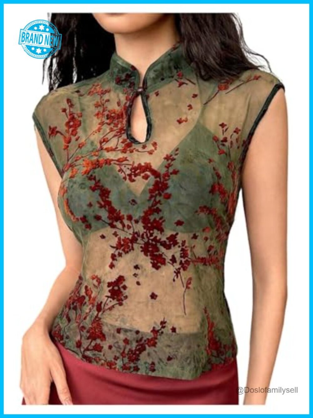 MakeMeChic Cheongsam Top Floral Sheer Blouse